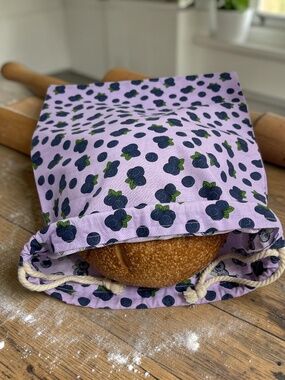 Blueberry Cotton Print Sourdough Bread Bag, Reusable Linen Artisan Storage Bag